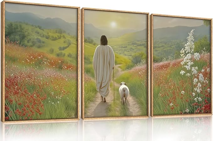 LHIUEM Large Jesus and Lamb Christian Framed Canvas Wall Art,Leaves The 99 Sheep Wall Decor,Mountain Sunset Flower Bible Artwork for Living Room,Bedroom,Dining Room,Office -16''x24''x3