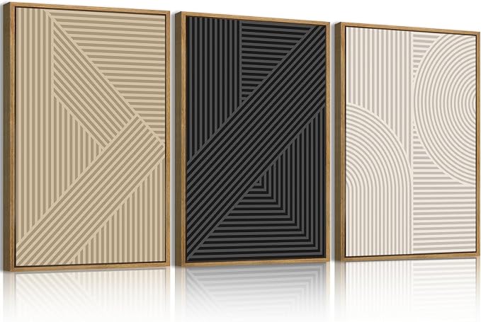 BINCUE Neutral Abstract Wall Art Mid Century Modern Wall Paintings Boho Artwork Geometric Wall Pictures Abstract Black Wall Decor Modern Neutral Art Prints for Living Room Bedroom Bathroom Office 16x24 Inch 3 Piece