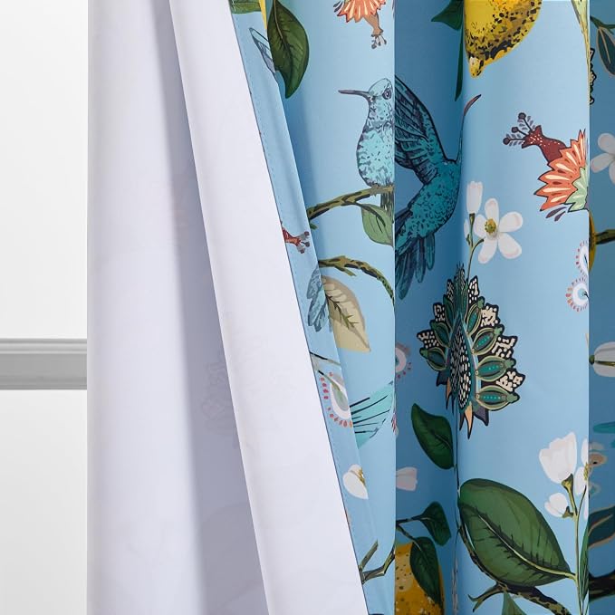 Topfinel Blue and Gold Unique Blackout Curtains 63 Inches Long 2 Panels, Floral Hummingbird Lemon Printed Colorful Energy Efficient Antique Noise Grommet Drapery Treatment for Window Nursery Classroom