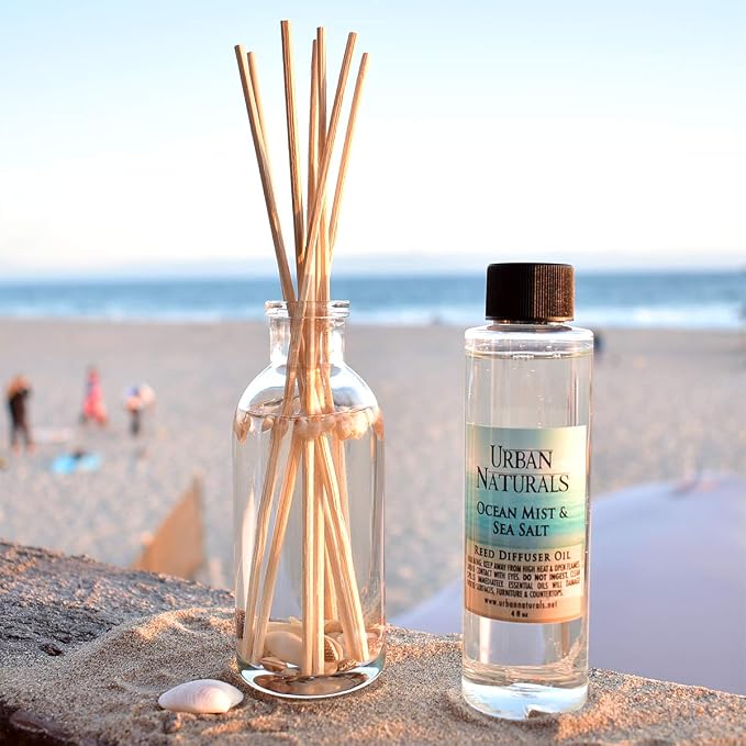 Urban Naturals Reed Diffuser Set, Ocean Mist & Sea Salt - Bathroom Décor | Made with Essential Oils & Real Seashells, Decorative Air Freshener Room Diffuser