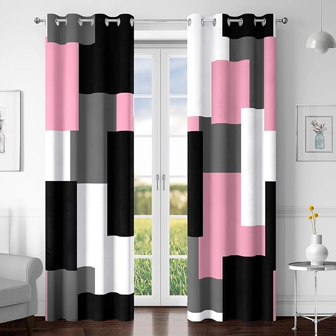 Tyrot Pink 100% Blackout Curtains for Bedroom 96 inch Length 2 Panels Set White Grey Modern Abstract Geometric Black Out Curtains Insulated Room Darkening Window Drapes for Girls Living Room, 52Wx96L