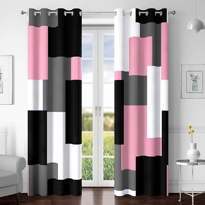 Tyrot Pink 100% Blackout Curtains for Bedroom 72 inch Length 2 Panels Set Grey Modern Abstract Geometric Black Out Curtains Insulated Room Darkening Window Drapes for Living Room, 52Wx72L
