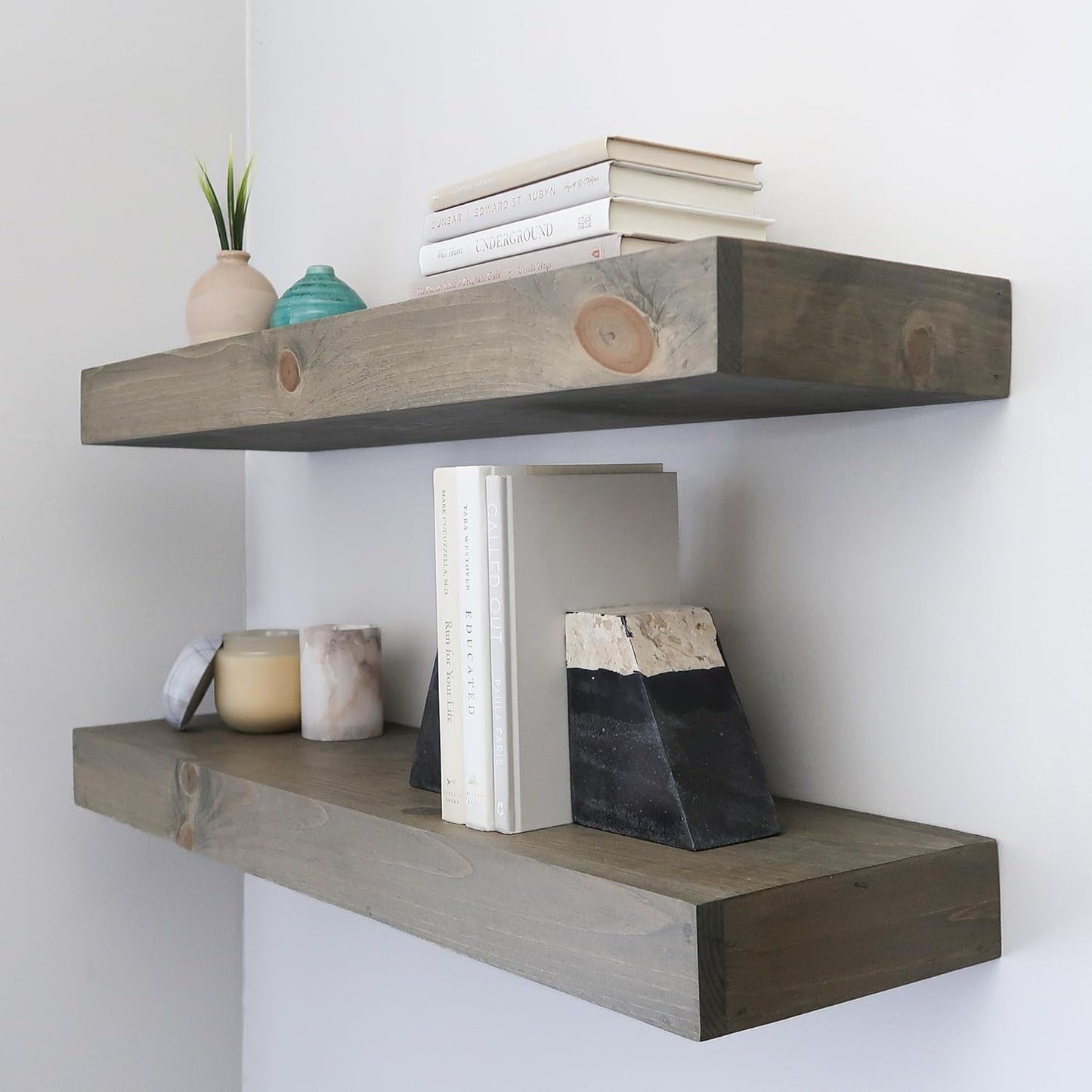 Modern Floating Shelves 3 Inches Thick for Wall, Wide Shelves for Kitchen, Living Room, Bedroom, and Bathroom, Natural Pine Wood, Rustic Wooden Shelf, (Set of 2) (Aged Barrel, 24Lx3Hx8D)