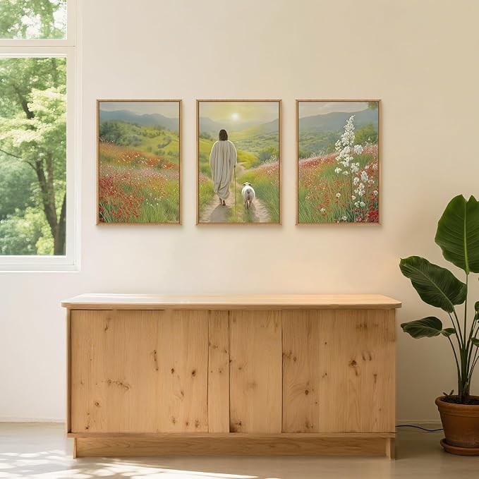 LHIUEM Large Jesus and Lamb Christian Framed Canvas Wall Art,Leaves The 99 Sheep Wall Decor,Mountain Sunset Flower Bible Artwork for Living Room,Bedroom,Dining Room,Office -16''x24''x3