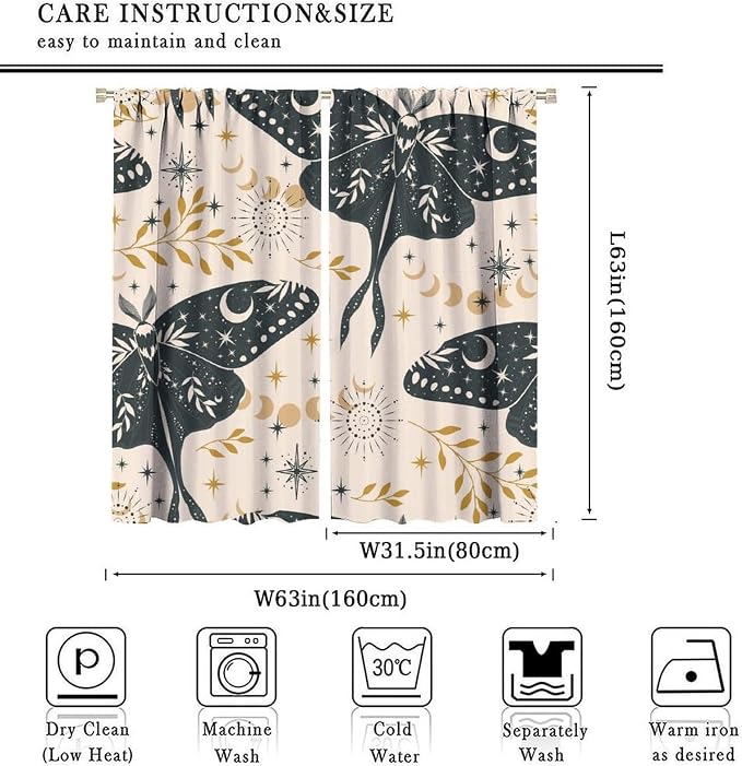 Witchy Curtains, Goth Curtains, Moth Decor, Star Curtains, Moth Curtains Darkening Curtains Botanical Curtains for Bedroom Living Room W63xL63 Inch