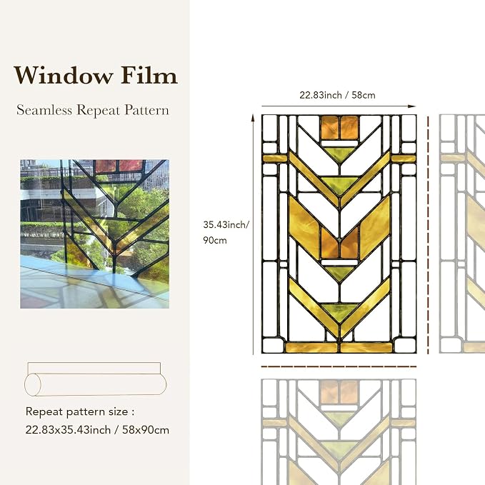 Faux Stained Glass Effect Transparent Window Film, Decorative Window Cling Static Cling Inspired by Frank Lloyd Wright, 22.83" x35.43" Martin House, Boho