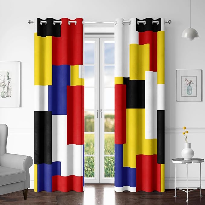 Tyrot Colorful 100% Blackout Curtains for Bedroom 84 inch Long 2 Panels Set Red Yellow Modern Abstract Geometric Black Out Curtains Insulated Room Darkening Window Drapes for Living Room, 52Wx84L
