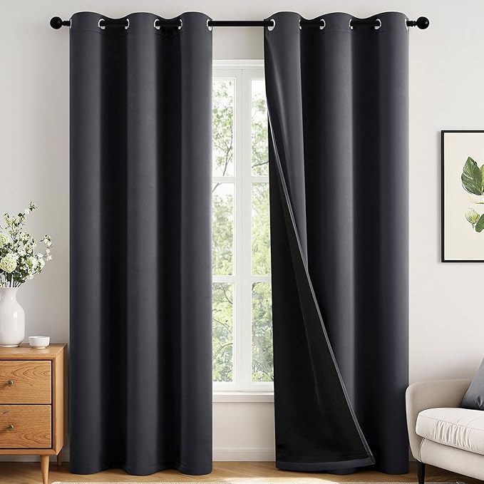 MIULEE Grey 100% Blackout Curtains for Bedroom 90 Inch Long, 2 Thick Layers Thermal Insulated Black Out Window Curtains with Black Liner, Noise Reducing Grommet Living Room Drapes 2 Panels Set