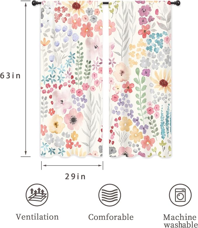 Riyidecor Colorful Floral Curtains Boho Pink Wildflower Flower Cute Trendy Plant Leaves Botanical Rod Pocket Pretty Aesthetic for Girls Bedroom Living Room Treatment Fabric 2 Panels 29Wx63H Inch