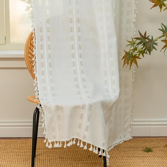 Deeprove Cream White Boho Curtain 96 inches Length for Living Room Bedroom Nursery Laundry Room, Bohemian 96 inches Long, Shabby Chic Country Rustic Embroidered Window Decor W52 x L96, 1 Panel
