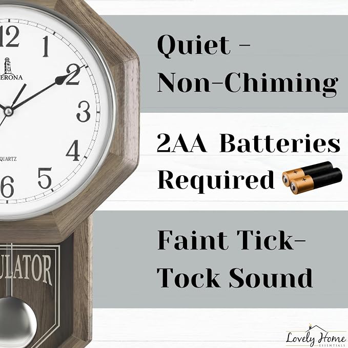 Pendulum Wall Clock - Real Wood Regulator Clock - Rustic, Farmhouse Schoolhouse Design - Quiet, Non-Chiming, Wooden & Battery Operated - Decorative Grey Ash Decor for Living Room, Home, Office 18x11