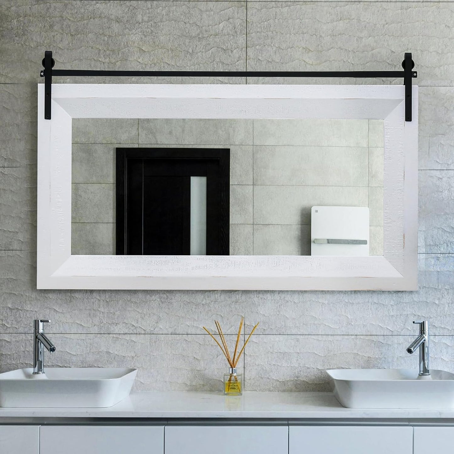 ALBAD Farmhouse Mirror for Wall Decor Wood Framed Bathroom Vanity Mirrors Vertical/Horizontal Hanging Barn Door Style Mirror for Living Room Bathroom Bedroom Entryway White