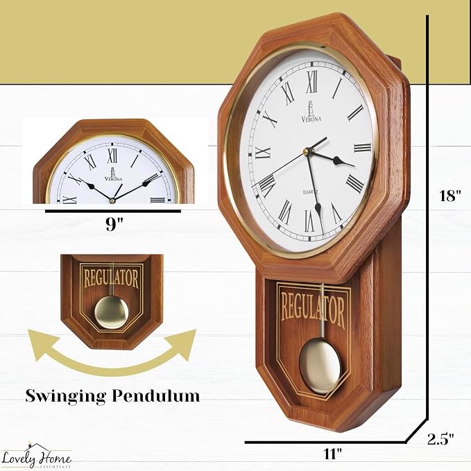Pendulum Wall Clock Battery Operated - Real Wood Regulator Clock - Schoolhouse Design with Pendulum - Quiet, Non-Chiming - Wooden Wall Decor for Living Room Decor, Home, Office and Gift 18x11