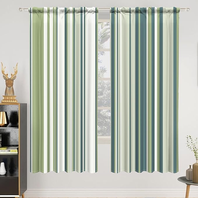 Renaiss 42 x 63 Inch Green Stripe Linen Kitchen Curtains Rod Pocket Window Treatment Tier Decor Curtain for Living Room Bathroom Cafe Small Window Farmhouse Rustic Pinstripe Window Drapes 2 Panels