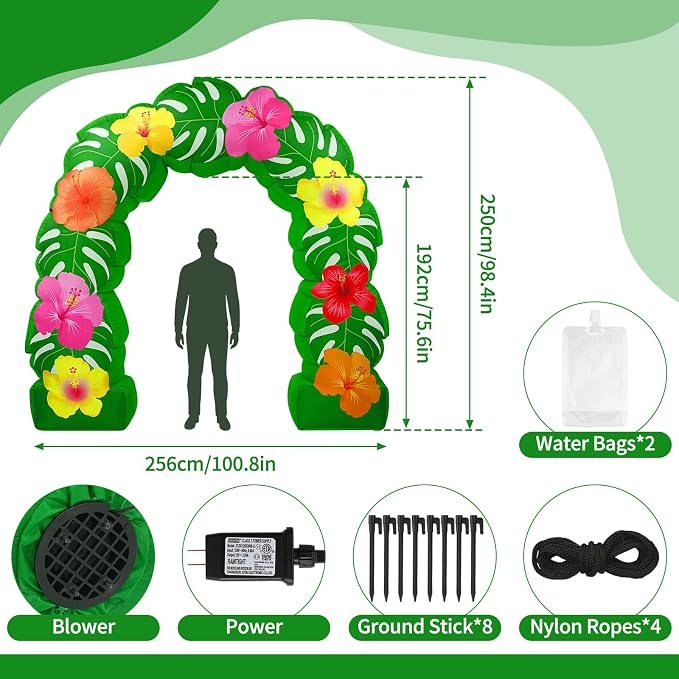 Soulchen 8.2 ft Tropical Hawaiian Inflatable Arch Summer Luau Party Decoration Monstera Leaves Tropical Flowers Inflatable Archway Outdoor Large Hawaii Birthday Party Decor for Beach Luau Pool Patio