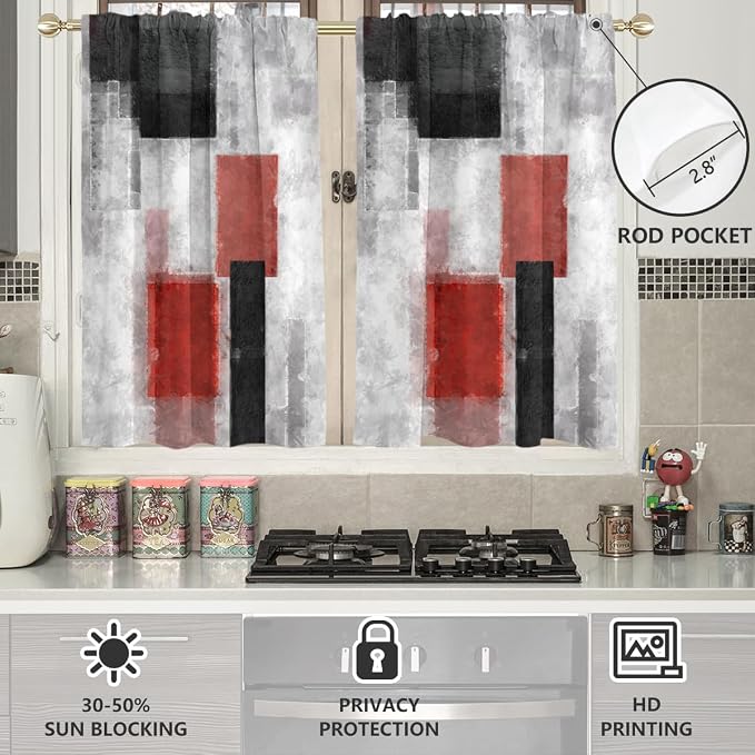 AAtter Red and Black Window Curtains for Kitchen White Grey Gray Abstract Art Aesthetic Small Short Home Living Room Bedroom Bathroom Drapes Treatment Tiers Fabric 1 Pair, 27.5" W x 39" L, Modern