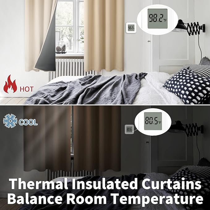 BGment Thermal Insulated 100% Blackout Curtains for Bedroom with Black Liner, Double Layer Full Room Darkening Noise Reducing Grommet Curtain (55 x 69 Inch, Beige, 2 Panels)