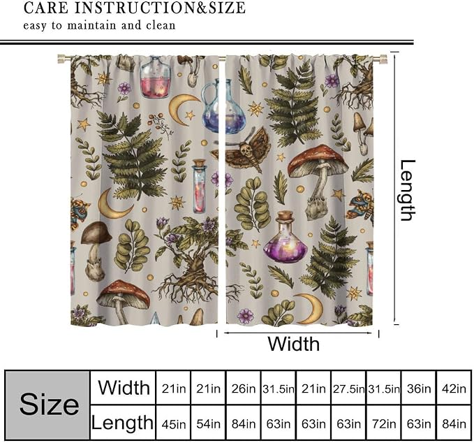 Vintage Mushroom Curtains, Gohtic Mystical Witch Magic Poison Rustic Forest Mushroom Plants Flowers Moth Blackout Window Curtains for Kitchen Bedroom Livingroom, 42" W X 45" L