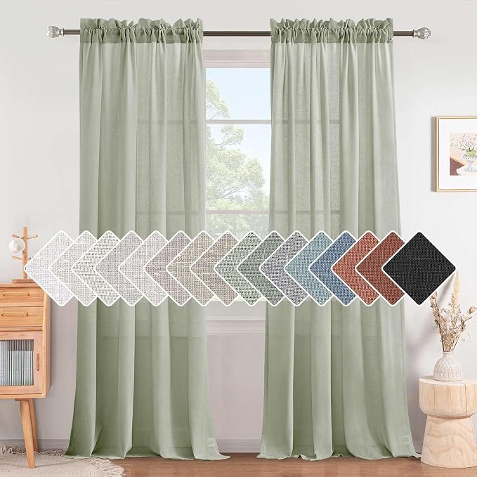 H.VERSAILTEX Sage Curtains 96 Inches Long for Bedroom 2 Panels Rod Pocket Linen Draperies Neutral Boho Farmhouse Semi Privacy Sheer Light Filter Curtains for Living Room Home Office 8 FT