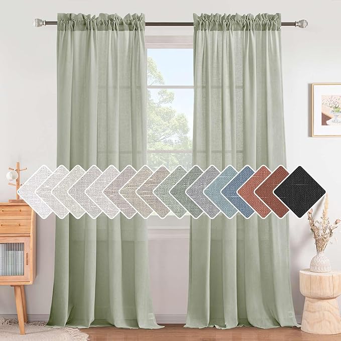 H.VERSAILTEX Sage Curtains 84 Inch Length for Living Room 2 Panels Set Rod Pocket Drapes Semi Sheer Linen Textured Light Filtering Green Curtains for Bedroom Rustic Boho Farmhouse Decor 7 FT Long
