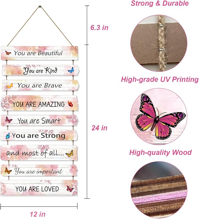 JEVUVU Butterfly Girls Room Decor, Pink Wall Decor for Baby Girl, Girl Bedroom Decor Art Signs, Trendy Stuff Decorations for Kids Nursery Bed Room Dorm Classroom Bathroom