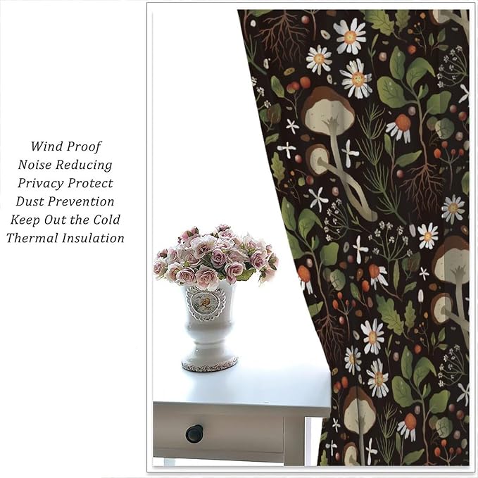 Mushroom Curtains,Green Plant Forest Botanical Print Window Treatments for Bedroom Living Room Kitchen Cartoon Herbs Floral Window Drapes 2 Panels Set,Total Size 72 x 63 Inch