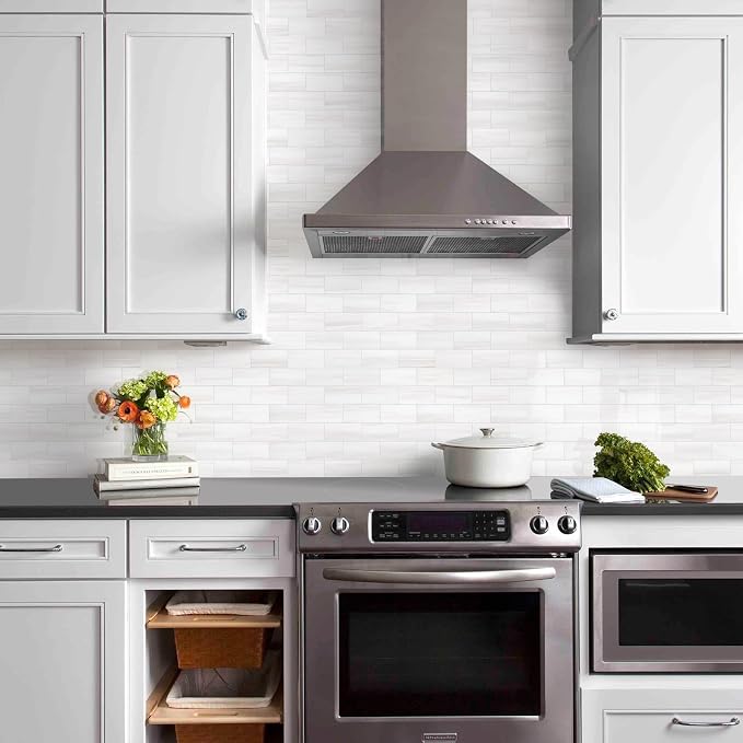 Vamos Tile 4-Piece Glossy Dolomite White Peel and Stick Backsplash Tile,3''x6'' PVC Subway Tile with White Grout, Stick on Backsplash for Kitchen/Bathroom/Fireplace