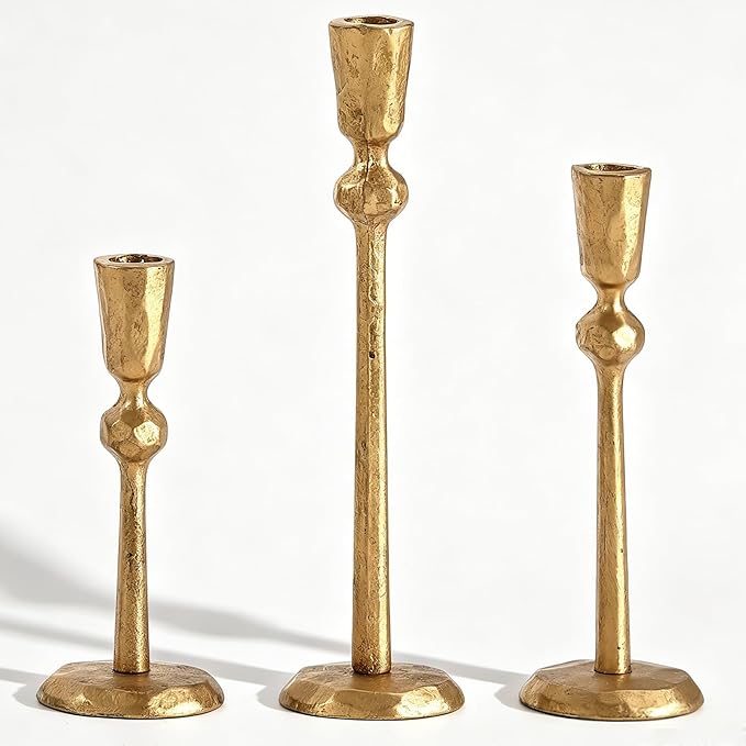 Gold Taper Candle Holders Set of 3, Heavy Candlestick Holders Decorative Candle Stand for Table Centerpiece, Cast Iron Candle Stick Holder Decor