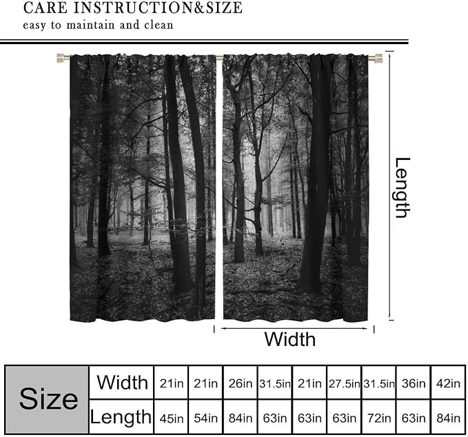 Forest Blackout Curtains,Gothic Natural Scenery Fantasy Dark Black Misty Foggy Mysterious Forest Woodland Tree Art Printed Windows Treatments Rod Pocket Drapes For Living Room Bedroom Kitchen 42x45in