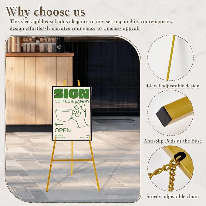 57.1" Tall Gold Easel Stand for Sign, Heavy Duty Folding Metal Easel for Wedding Welcome Sign, Decorative Easel for Mirror, Art, Photo, Adjustable Painting Display 4-Tier Height