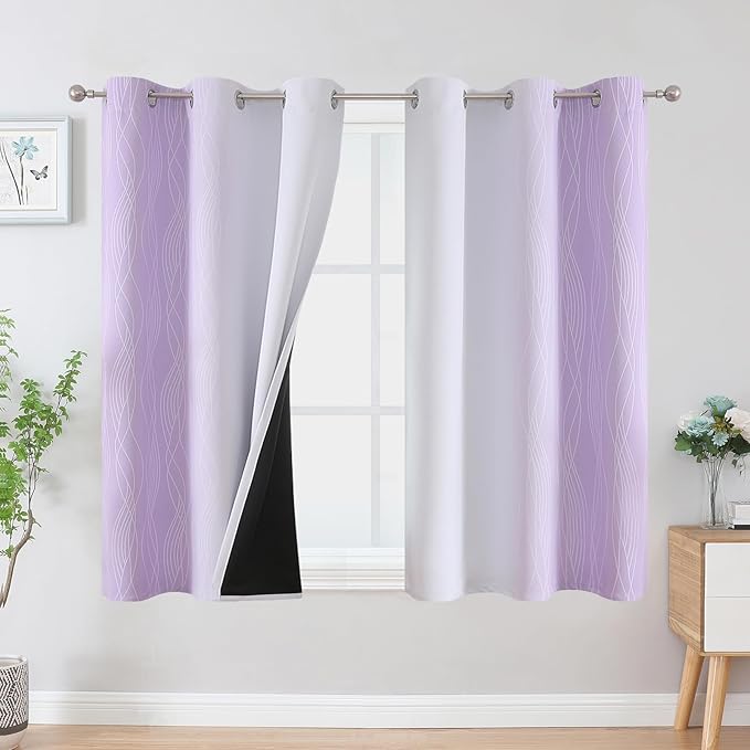 Estelar Textiler Lilac and Greyish White Ombre Blackout Curtains 45 Inch Length 2 Panels, Full Room Darkening Gradient Drapes for Bedroom, Thermal Insulated Grommet Short Curtains for Bathroom,42Wx45L