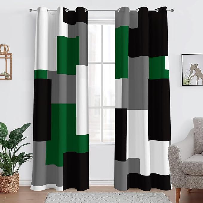 Tyrot Green 100% Blackout Curtains for Bedroom 96 inch Length 2 Panels Set White Grey Modern Abstract Geometric Black Out Curtains Insulated Room Darkening Window Drapes for Living Room, 42Wx96L