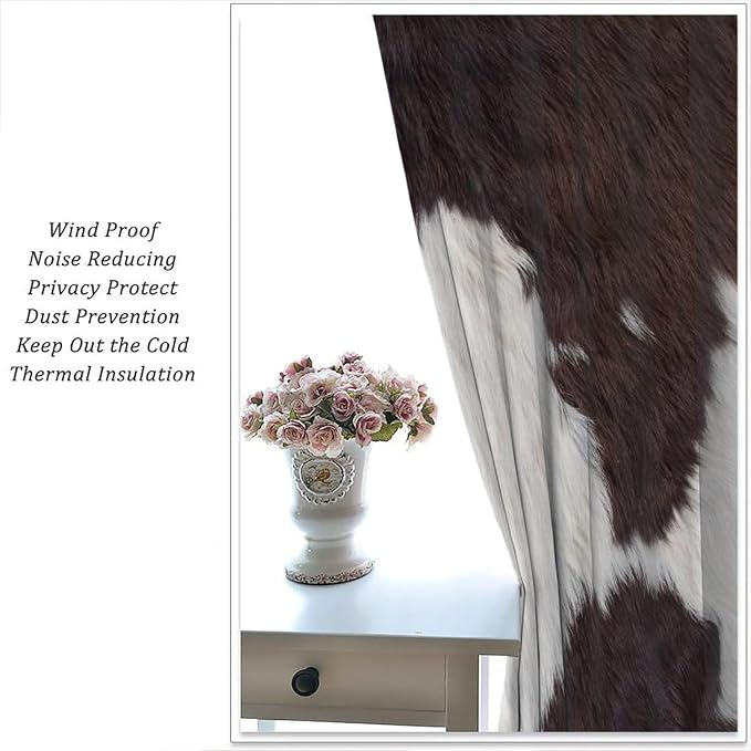 Cowhide Blackout Curtain, Animal Fur Skin Curtains Brown Cowhide Western Farm Drapes, Rod Pocket Window Treatments 2 Panels Curtains for Bedroom Nursery Office Living Room Decor 63" W X 72" L