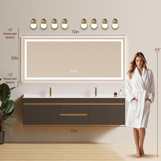72X32 LED Bathroom Mirror with Lights, Anti-Fog, Backlit + Front Lit (CRI>90), Lighted Bathroom Vanity Mirror for Wall, Memory Function, Dimmable, Tempered Glass, Shatter-Proof