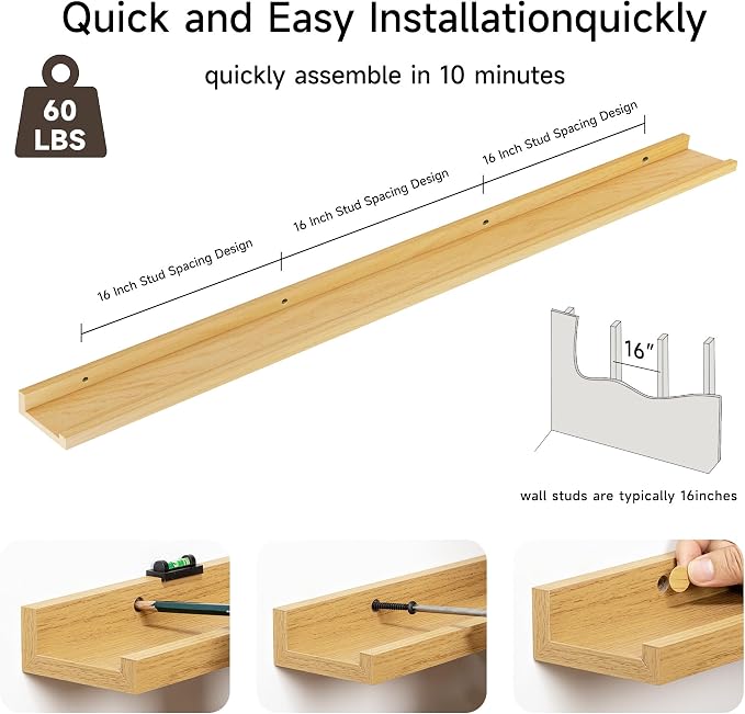 Floating Picture Ledge Shelves for Wall Set of 2, 72 Inches Picture Ledge Shelf with Long Large Nursery Book Shelf for Toys Storage Kids Bookshelf Wall Mounted Living Room Bedroom Decor Frames, Oak