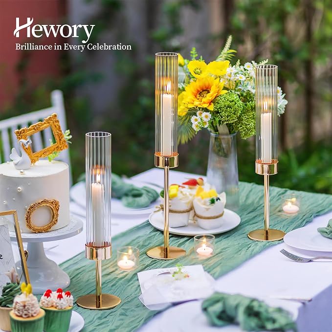Hewory Gold Hurricane Candle Holders: 12 PCS Tall Taper Candlestick Candle Holders Bulk for Candlesticks Candle Sticks Holder Decor for Table Centerpiece Wedding Party Christmas Decorations