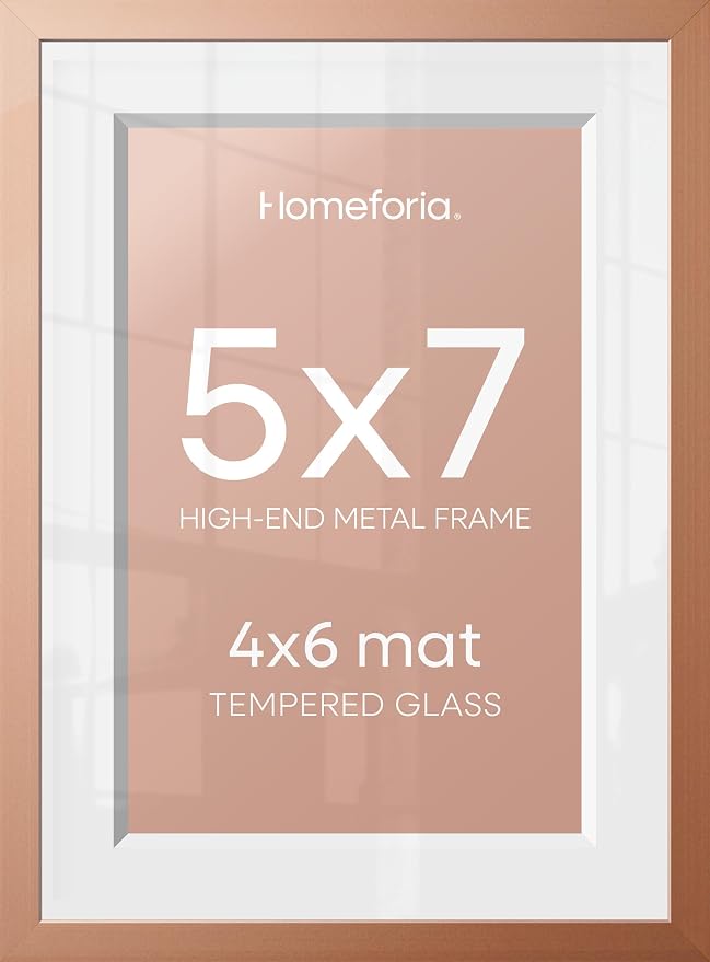 Homeforia Rose Gold 5x7 Picture Frame, High End Metal 5 x 7 Frames with Mat 4 x 6 for Print, 5by7 Desk Frame Matted to 4x6 inch Photo, 5 by 7 Wall or Tabletop Frame, Tempered Glass, Wall Kit, Set of 2