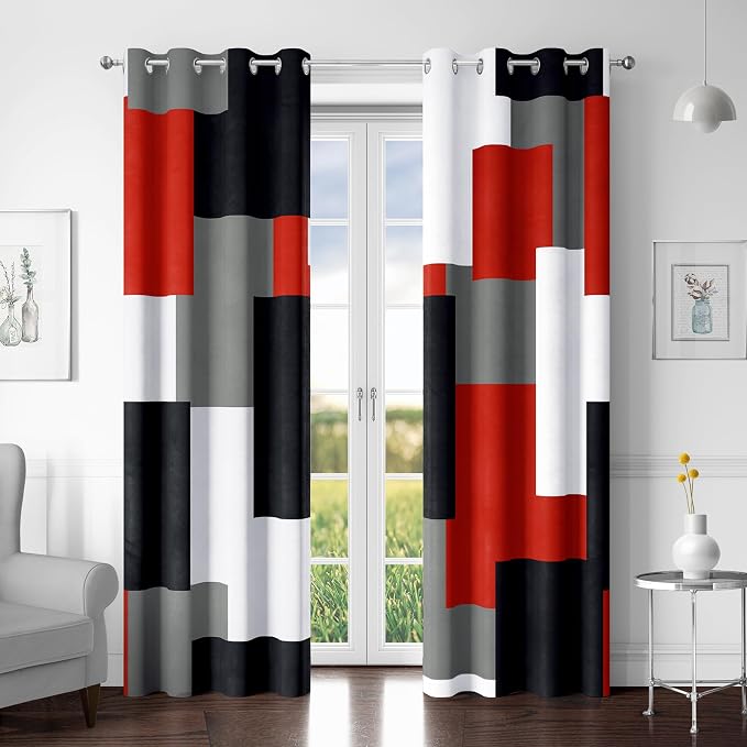 Tyrot Red Black 100% Blackout Curtains for Bedroom 84 inch Long 2 Panels Set Modern Abstract Geometric Black Out Living Room Curtains White Grey Red Thermal Room Darkening Window Drapes, 52Wx84L