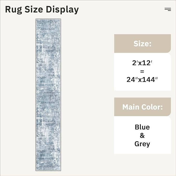 Soalmost Runner Rug 2x12 Washable Non-Slip Hallway Runner Rugs for Kitchen Bathroom Laundry Room Blue/Grey Vintage Floor Carpet Runners for Hallways Entryway