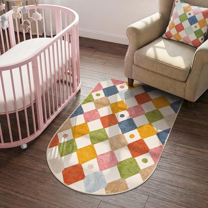 jinchan Macy Arched 3x5 Washable Kids Area Rug, Modern Colorful Checkered Diamond Rug for Nursery Kids Room Study Corner, Soft Low-Pile Non-Slip Doormat Dirt Trapping Chair Mat, Circus on Cream