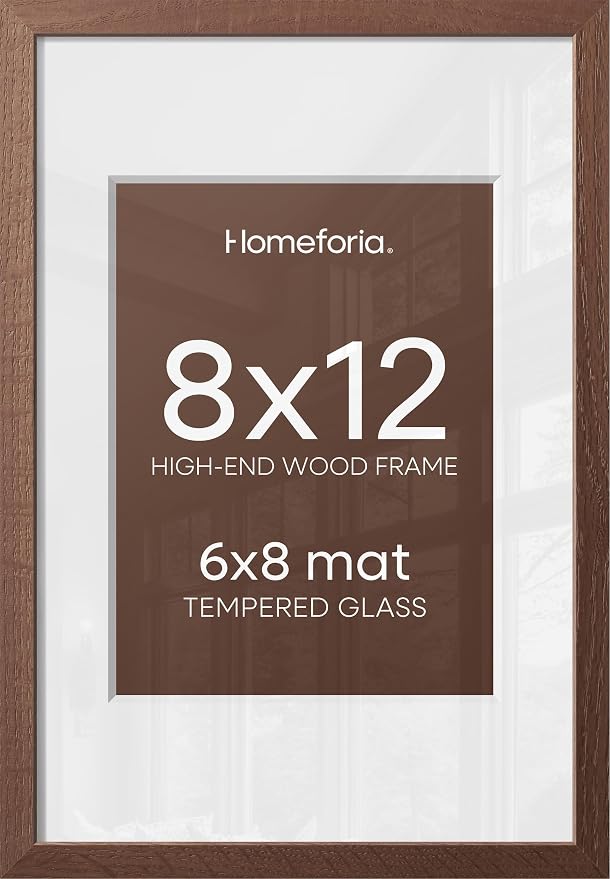 Homeforia 12x8 Picture Frame Brown, High End Dark Oak 8x12 Walnut Wooden Frames with Mat 6x8 Photo, 8 x 12 Wood Frame Matted to 6 by 8 Print, Wall or Tabletop Frame, Tempered Glass, Wall Kit, Set of 2