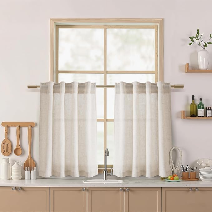 Nanspring 30 Inch Beige Curtains for Kitchen Linen Blend Rustic Farmhouse Short Curtain Back Tab and Rod Pocket Semi Sheer Curtains for Cafe Bathroom Small Window 26 x 30 Inch, 2 Panels