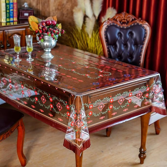 SUTAVIA Clear Vinyl Table Protector Rectangle PVC Tablecloth with Printing Floral Oilproof Table Cloths for Home Decor Holiday Party Dining Table Outdoor (Red Wildflower, Rectangle, 52x70 inches)