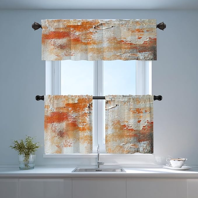 Shrahala Brushstrokes of Paint Blackout Curtain Tiers, Orange Grey Canvas Texture Kitchen Valance Light Blocking Tier Drapes with Rod Pocket, 2 Pack 26 X 36 in