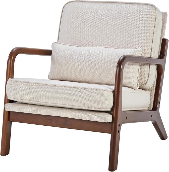 DUMOS Mid Century Modern Accent Chair, Upholstered Armchair with Lumbar Pillow and Solid Wood Frame, Low Side Sitting Chair for Small Living Room, Bedroom, Balcony, Home Corner, Beige