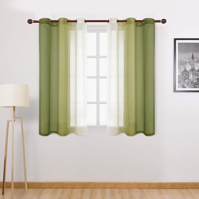 DWCN Ombre Short Sheer Curtains - Faux Linen Semi Voile Gradient Light-Filtering Bedroom and Living Room Curtains, Set of 2 Grommet Top Window Drape Panels, 42 x 45 Inch Length, Olive Green