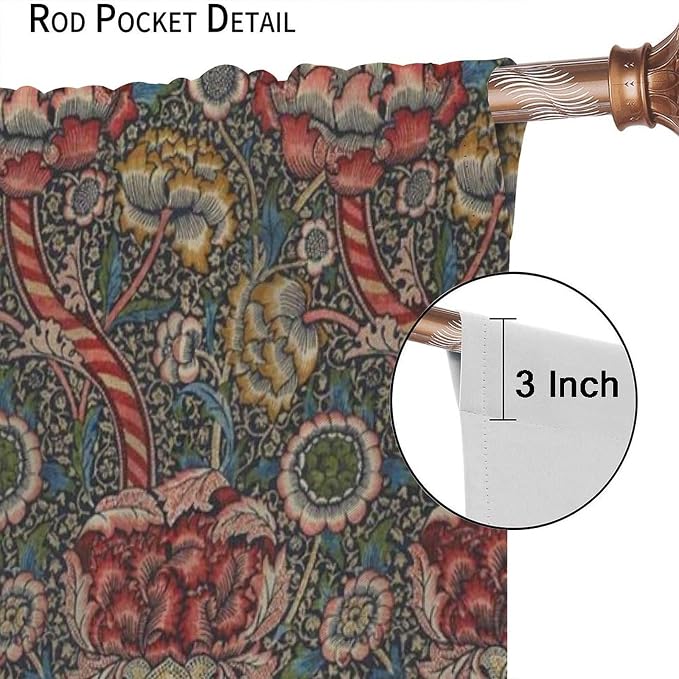 William Morris Blackout Curtains, Vintage Flower Flower Boho Botanical Plant Print Window Drapes, for Living Room Bedroom Kitche 21(W)*54(L) 2 Panels