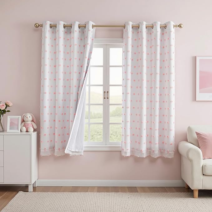 MEETSKY Pink Blackout Kids Curtains for Girls Bedroom 63 Inches Long Total Light Blocking Curtains for Kids Room 2 Panels Small Window Curtain Drapes 2 Layered Room Darkening Grommet,52 x 63 Inch