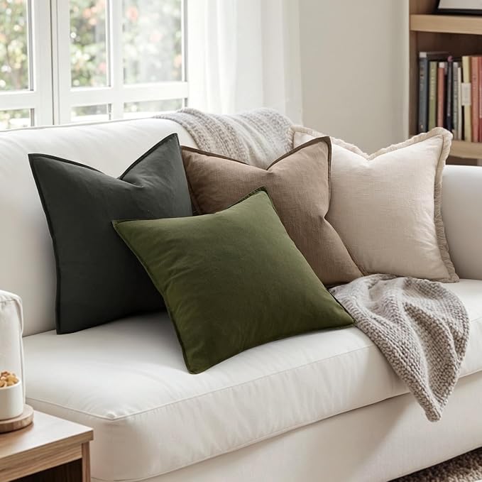 MIULEE Pack of 2 Decorative Linen Pillow Covers 20x20 Inch Olive Green | Spring Boho Farmhouse Modern Soft Accent Throw Pillows Neutral Cushion Covers for Sofa Couch Bed Living Room Home Decor