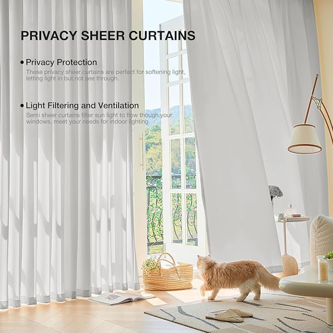 Anmao Non-See-Through Privacy Semi Sheer Curtains for Living Room 102 Inch Length 2 Panels Set, Light Filtering That Let Light in Rod Pocket Window Drapes for Bedroom, 52W x 102L, Light Grey